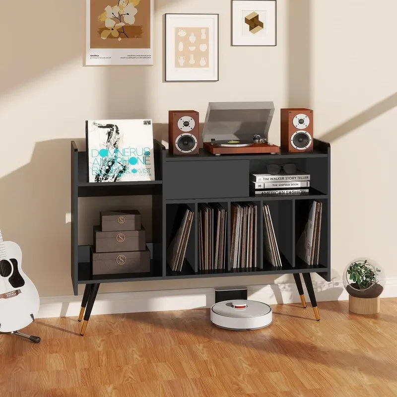 Meuble de rangement pour tourne-disque en MDF noir, 1 personne