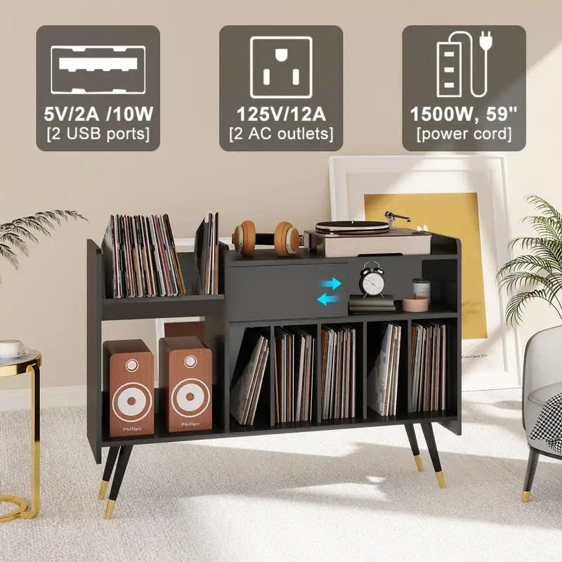 Meuble de rangement pour tourne-disque en MDF noir, 1 personne