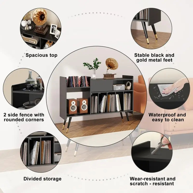 Meuble de rangement pour tourne-disque en MDF noir, 1 personne