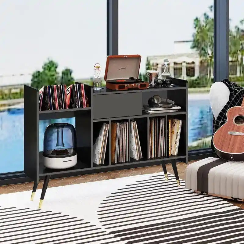Meuble de rangement pour tourne-disque en MDF noir, 1 personne