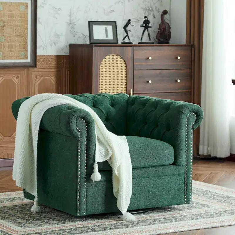 Fauteuil club pivotant capitonné, vert foncé / cognac, une place