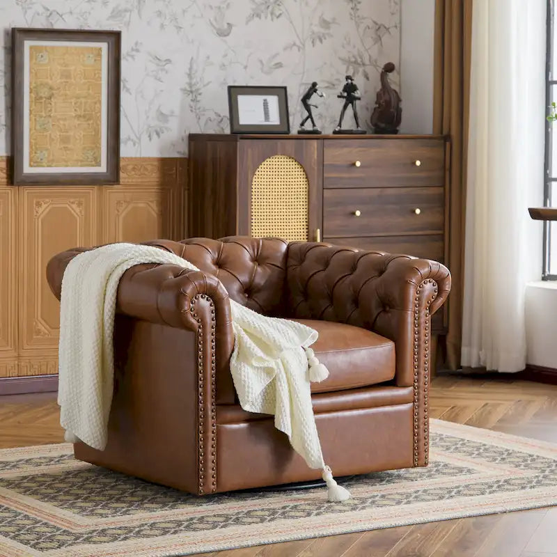 Fauteuil club pivotant capitonné, vert foncé / cognac, une place