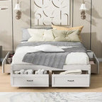 Lit plateforme grand format avec 6 tiroirs de rangement, blanc antique, design élégant pour l'organisation de la chambre à coucher