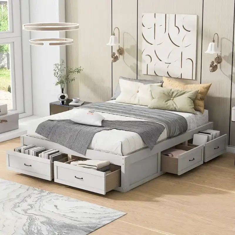 Lit plateforme grand format avec 6 tiroirs de rangement, blanc antique, design élégant pour l'organisation de la chambre à coucher