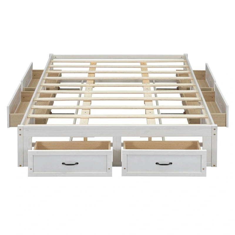 Lit plateforme grand format avec 6 tiroirs de rangement, blanc antique, design élégant pour l'organisation de la chambre à coucher