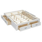 Lit plateforme grand format avec 6 tiroirs de rangement, blanc antique, design élégant pour l'organisation de la chambre à coucher