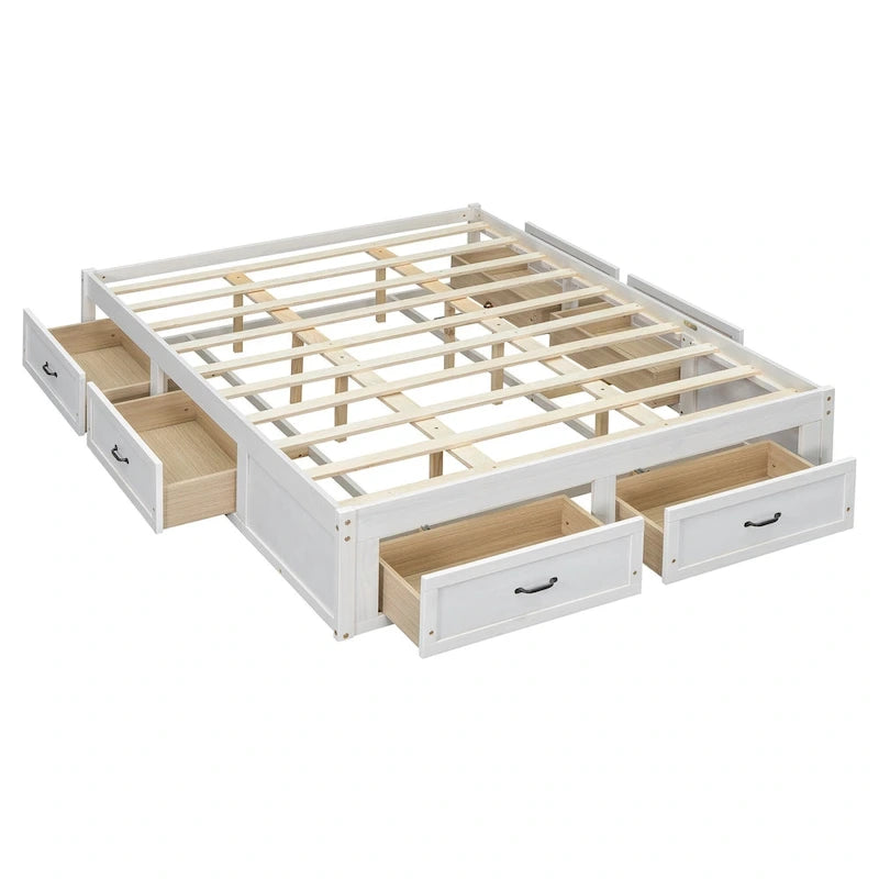 Lit plateforme grand format avec 6 tiroirs de rangement, blanc antique, design élégant pour l'organisation de la chambre à coucher