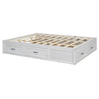 Lit plateforme grand format avec 6 tiroirs de rangement, blanc antique, design élégant pour l'organisation de la chambre à coucher