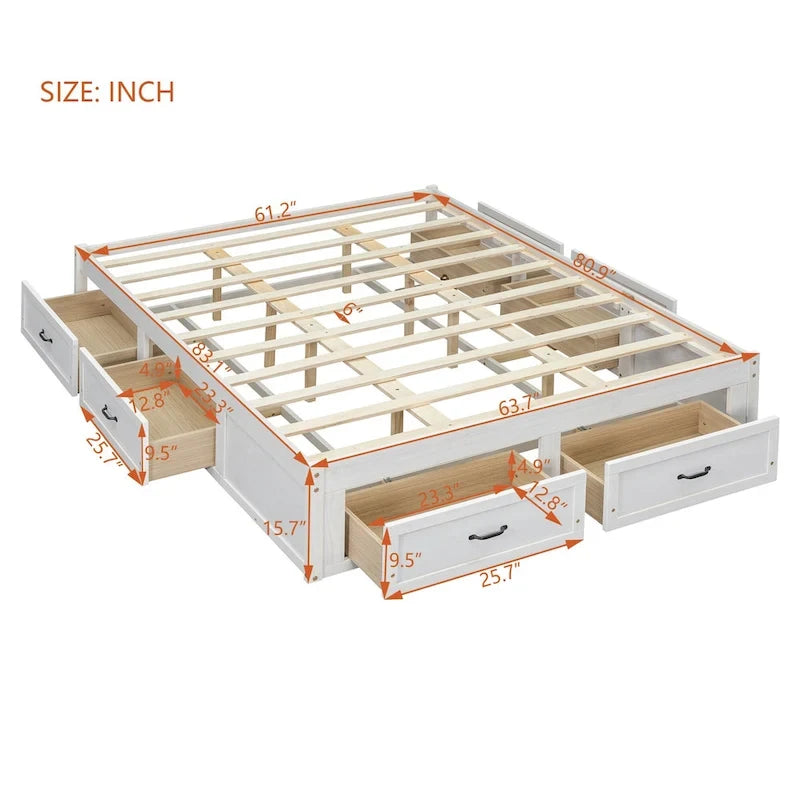 Lit plateforme grand format avec 6 tiroirs de rangement, blanc antique, design élégant pour l'organisation de la chambre à coucher