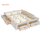 Lit plateforme grand format avec 6 tiroirs de rangement, blanc antique, design élégant pour l'organisation de la chambre à coucher