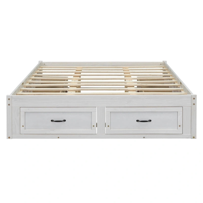Lit plateforme grand format avec 6 tiroirs de rangement, blanc antique, design élégant pour l'organisation de la chambre à coucher