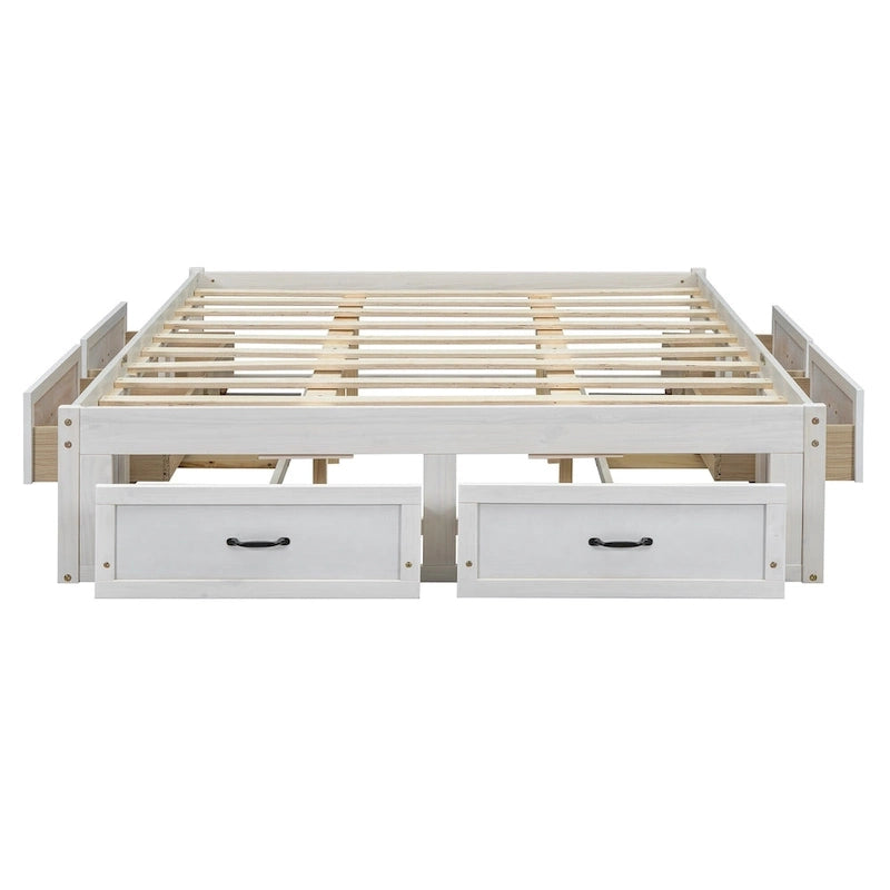 Lit plateforme grand format avec 6 tiroirs de rangement, blanc antique, design élégant pour l'organisation de la chambre à coucher