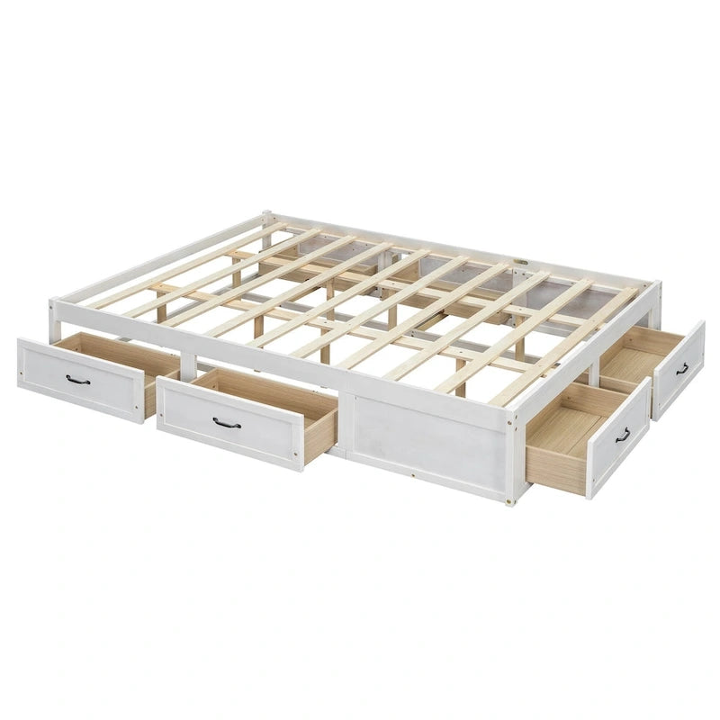 Lit plateforme grand format avec 6 tiroirs de rangement, blanc antique, design élégant pour l'organisation de la chambre à coucher
