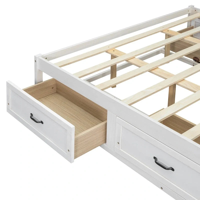 Lit plateforme grand format avec 6 tiroirs de rangement, blanc antique, design élégant pour l'organisation de la chambre à coucher