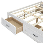 Lit plateforme grand format avec 6 tiroirs de rangement, blanc antique, design élégant pour l'organisation de la chambre à coucher