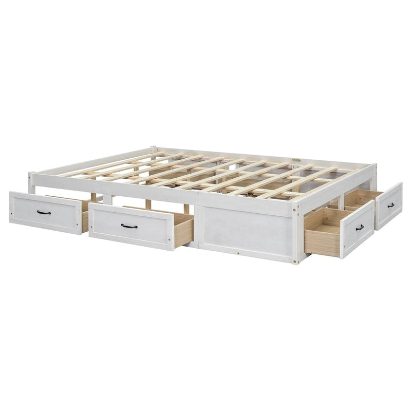 Lit plateforme grand format avec 6 tiroirs de rangement, blanc antique, design élégant pour l'organisation de la chambre à coucher