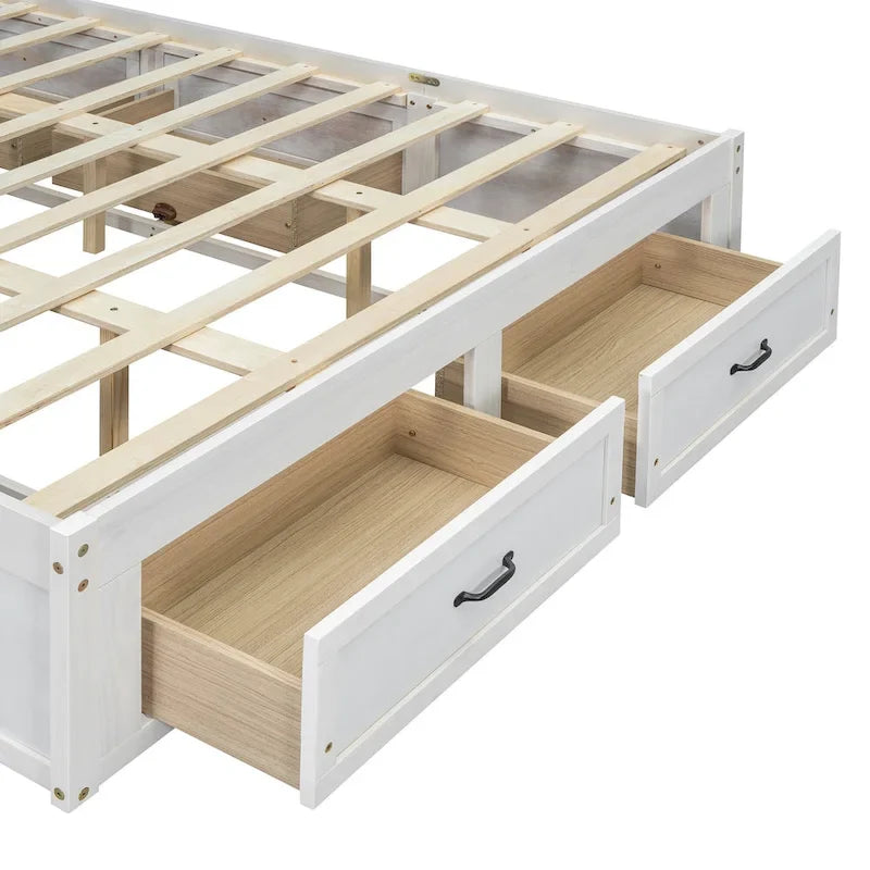 Lit plateforme grand format avec 6 tiroirs de rangement, blanc antique, design élégant pour l'organisation de la chambre à coucher