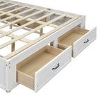 Lit plateforme grand format avec 6 tiroirs de rangement, blanc antique, design élégant pour l'organisation de la chambre à coucher