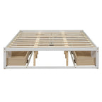 Lit plateforme grand format avec 6 tiroirs de rangement, blanc antique, design élégant pour l'organisation de la chambre à coucher