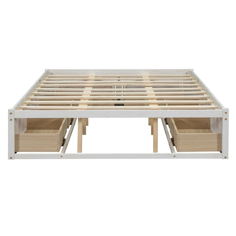 Lit plateforme grand format avec 6 tiroirs de rangement, blanc antique, design élégant pour l'organisation de la chambre à coucher