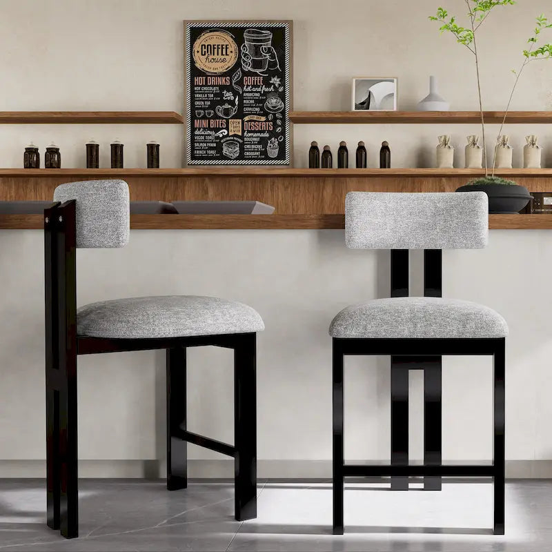 Roomfitters 26.5 Round Upholstered Counter Stools, Set of 2 Low Back Bar Chairs with Black Metal Frame