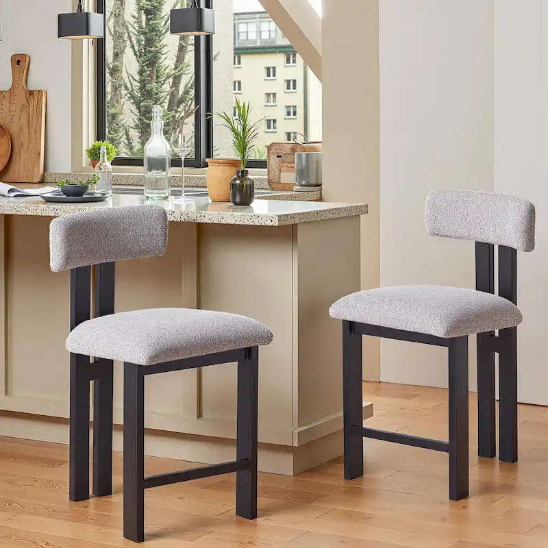 26,5 Tabourets de comptoir rembourrés ronds, lot de 2 chaises de bar à dossier bas avec cadre en métal noir
