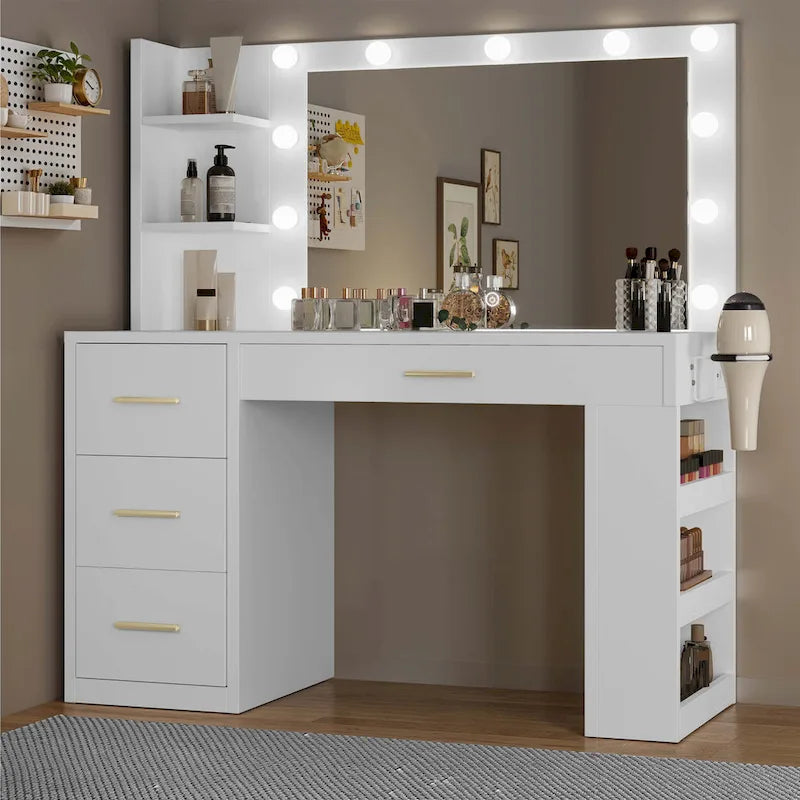 Coiffeuse de chambre à coucher de 39,5 pouces avec miroir, prises de courant et support pour sèche-cheveux