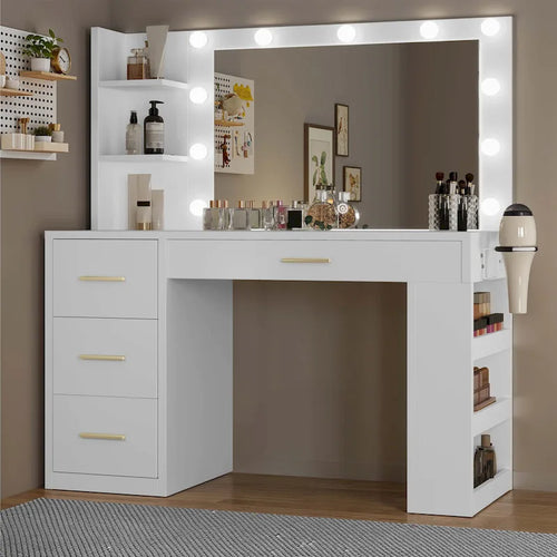 Coiffeuse de chambre à coucher de 39,5 pouces avec miroir, prises de courant et support pour sèche-cheveux