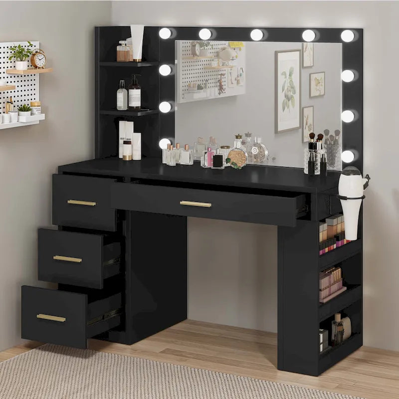 Coiffeuse de chambre à coucher de 39,5 pouces avec miroir, prises de courant et support pour sèche-cheveux