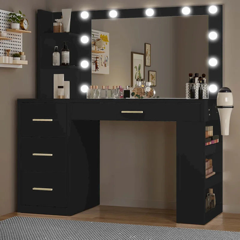 Coiffeuse de chambre à coucher de 39,5 pouces avec miroir, prises de courant et support pour sèche-cheveux