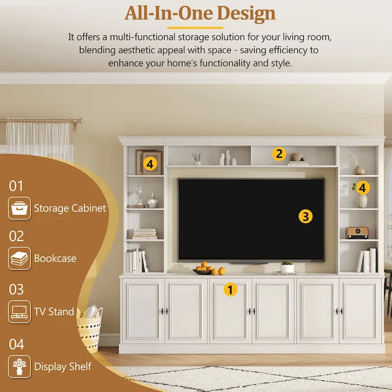 Ensemble de meubles muraux 4 pièces pour centre de divertissement avec pont pour téléviseurs jusqu'à 70", meuble TV avec étagères réglables, grande console média