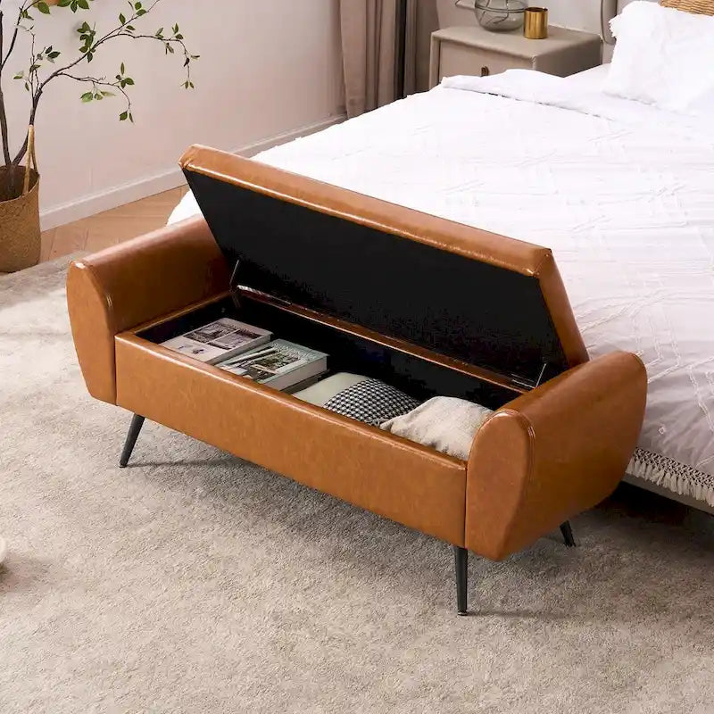 Banc de rangement capitonné 56W à couvercle rabattable avec accoudoirs