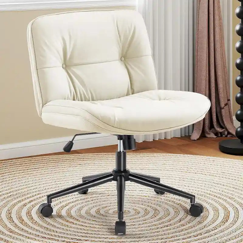 Criss Cross Chair with Wheels, Legged Home Office PU Leather Wide Armless Desk Seat, Rolling Ergonomic Comfy Vanity Seating