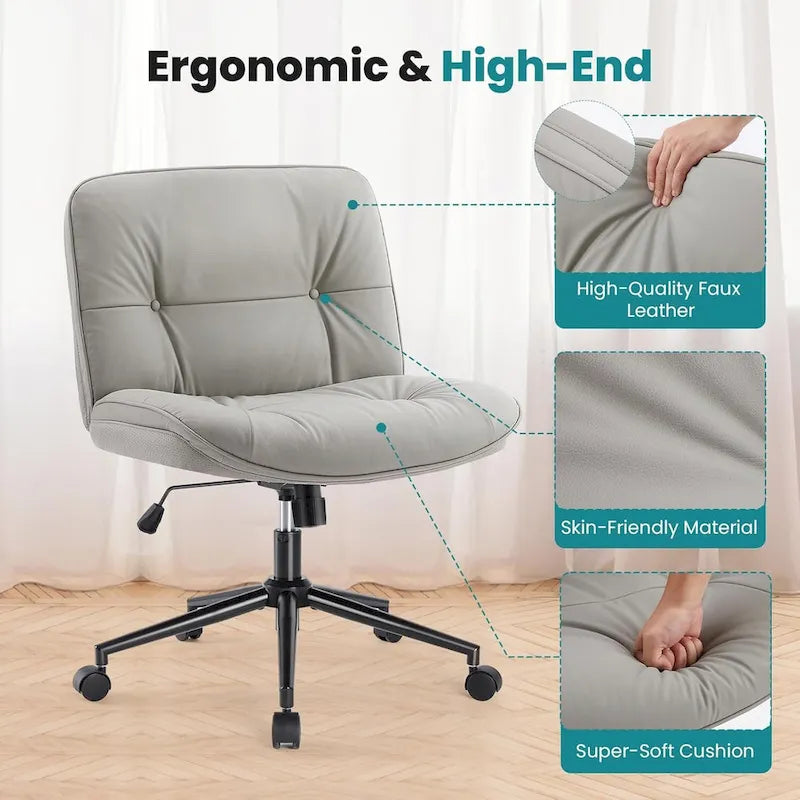 Chaise de bureau sans accoudoirs en similicuir (PU) Kaki / Beige / Noir avec roulettes, pivotante à 360°, siège simple