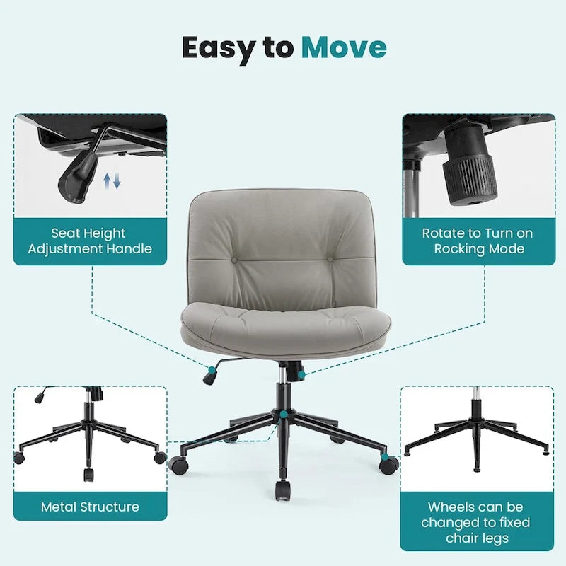 Chaise de bureau sans accoudoirs en similicuir (PU) Kaki / Beige / Noir avec roulettes, pivotante à 360°, siège simple
