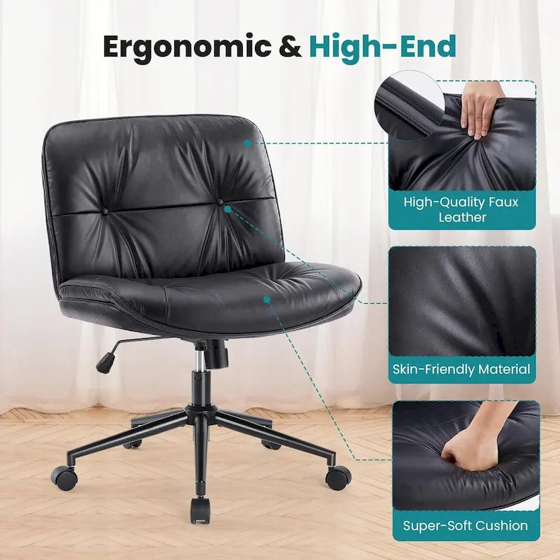 Chaise de bureau sans accoudoirs en similicuir (PU) Kaki / Beige / Noir avec roulettes, pivotante à 360°, siège simple