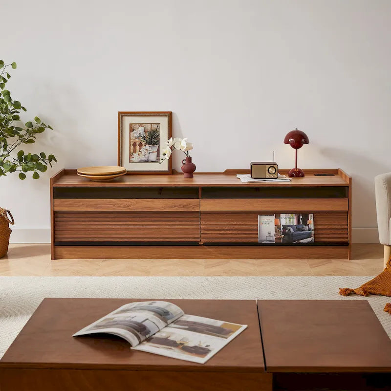 Meuble TV moderne avec tiroirs, chargeurs intégrés et éclairage LED d'ambiance