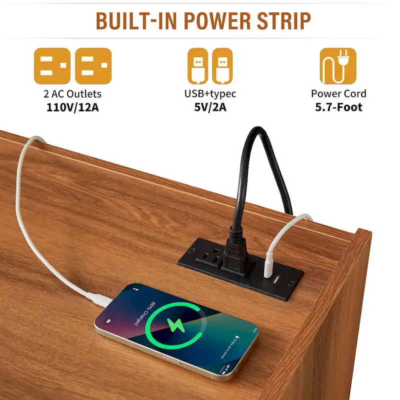 Meuble TV moderne avec tiroirs, chargeurs intégrés et éclairage LED d'ambiance