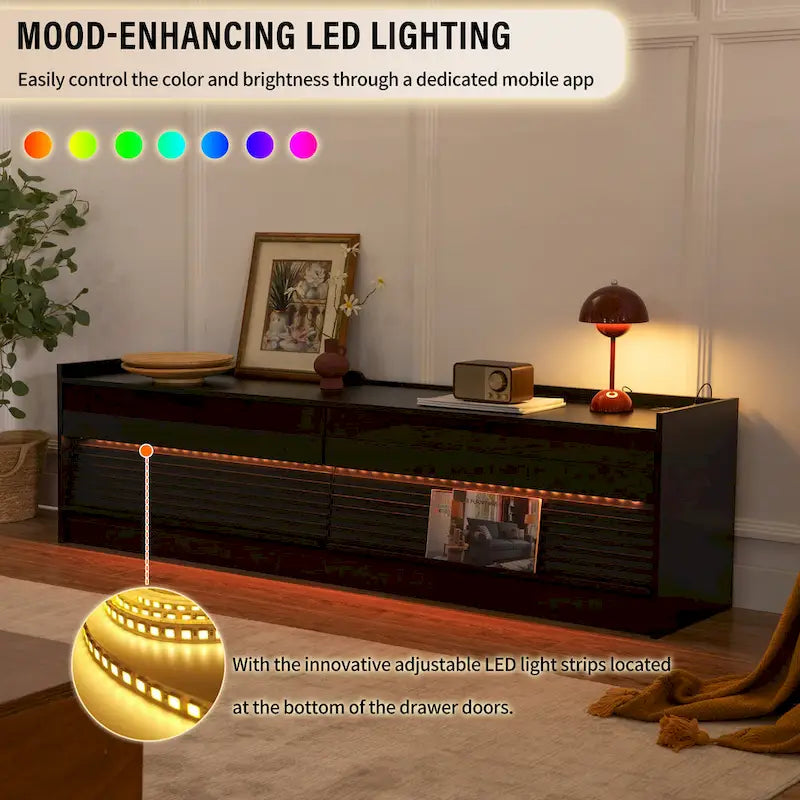 Meuble TV moderne avec tiroirs, chargeurs intégrés et éclairage LED d'ambiance