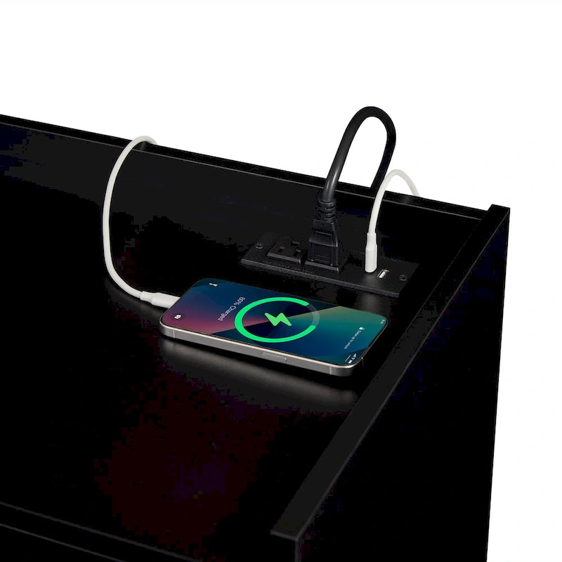 Meuble TV moderne avec tiroirs, chargeurs intégrés et éclairage LED d'ambiance