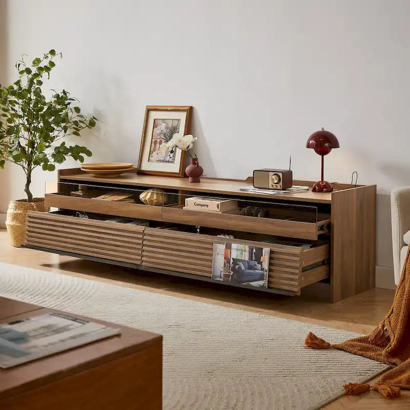 Meuble TV moderne avec tiroirs, chargeurs intégrés et éclairage LED d'ambiance
