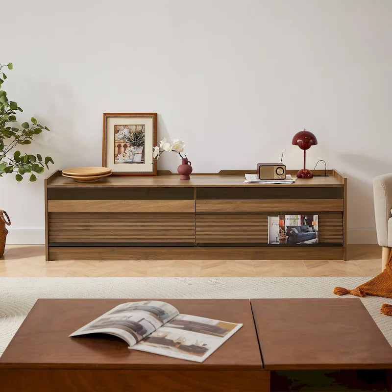 Meuble TV moderne avec tiroirs, chargeurs intégrés et éclairage LED d'ambiance