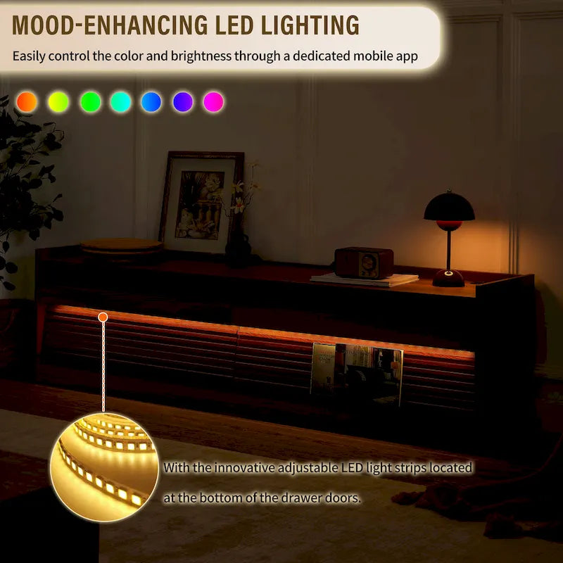 Meuble TV moderne avec tiroirs, chargeurs intégrés et éclairage LED d'ambiance