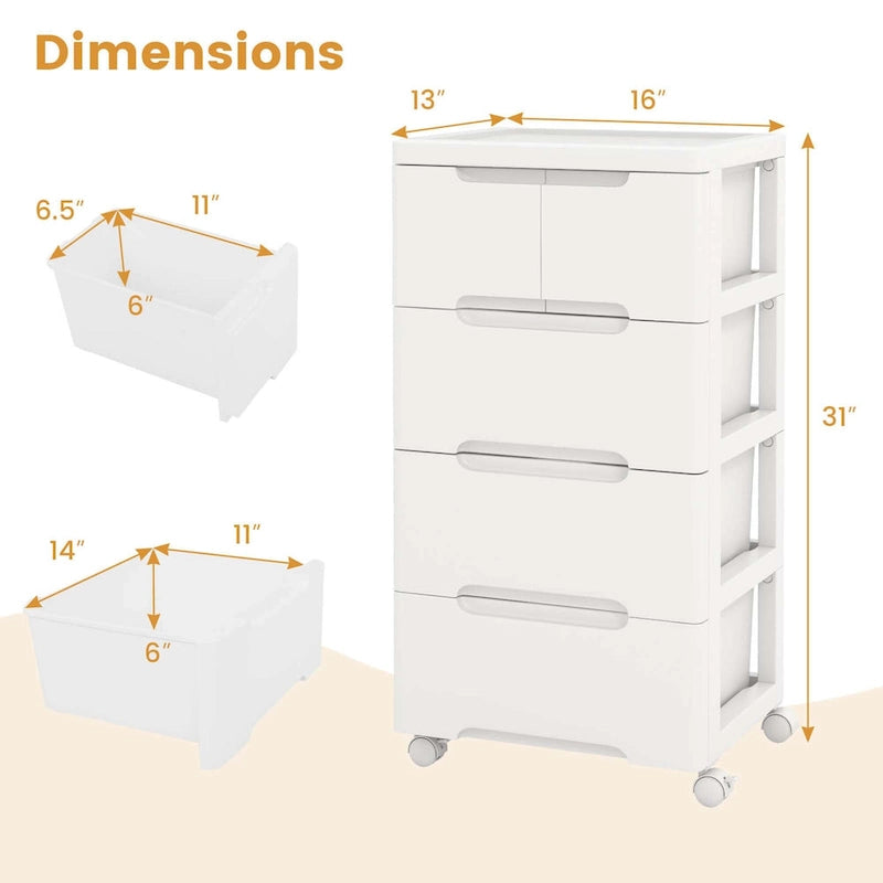 1 Chariot de rangement à roulettes en plastique à 5 tiroirs avec 4 roulettes universelles