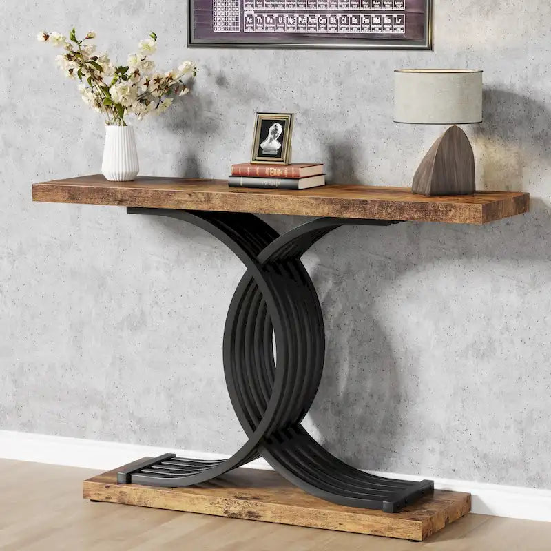 Table console moderne noire/dorée avec plateau en faux marbre, table d'entrée en bois de 99 cm avec pieds géométriques en métal pour vestibule