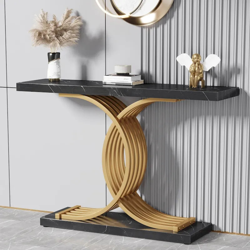 Table console moderne noire/dorée avec plateau en faux marbre, table d'entrée en bois de 99 cm avec pieds géométriques en métal pour vestibule