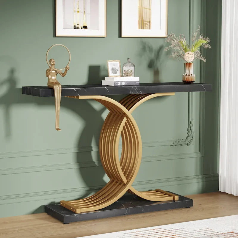Table console moderne noire/dorée avec plateau en faux marbre, table d'entrée en bois de 99 cm avec pieds géométriques en métal pour vestibule