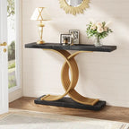 Table console moderne noire/dorée avec plateau en faux marbre, table d'entrée en bois de 99 cm avec pieds géométriques en métal pour vestibule