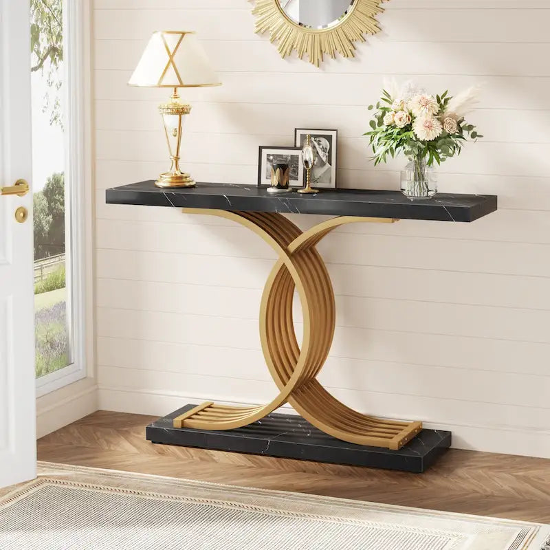 Table console moderne noire/dorée avec plateau en faux marbre, table d'entrée en bois de 99 cm avec pieds géométriques en métal pour vestibule