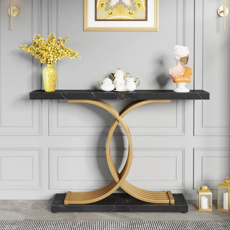 Table console moderne noire/dorée avec plateau en faux marbre, table d'entrée en bois de 99 cm avec pieds géométriques en métal pour vestibule